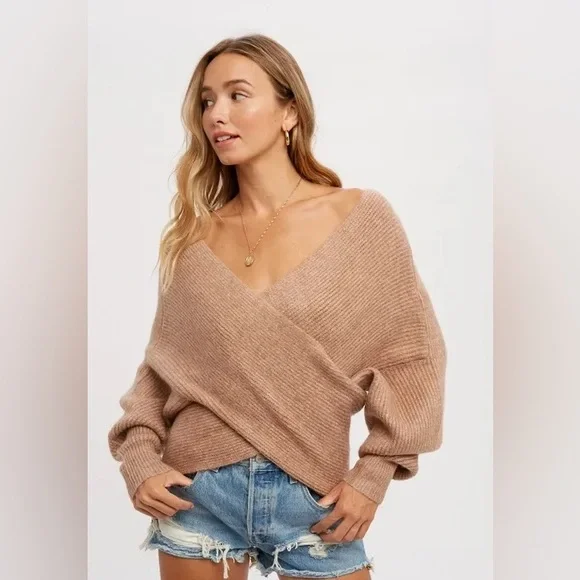 CLEAR OUT!!! Crossover Ribbed Pullover- Latte - Picture 8 of 11